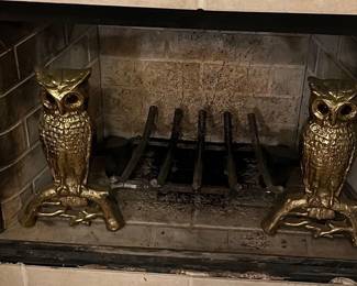 Vintage Brass Owl Fireplace Andirons w/Red Glass Eyes