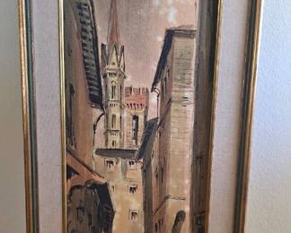 Framed, matted painting by Italian artist R. Marmaioli (Rodolpho Marma) of a street scene in Florence.
