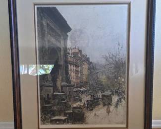 Framed, matted etching titled Paris, Porte St. Denis by Luigi Kasimir.