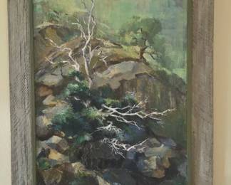 Signed G. Foss framed, matted painting of rugged outdoor scene.