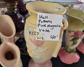 #227	Hull Pottery pink Magnolia Vase - double handled 13" Tall	 $40.00 