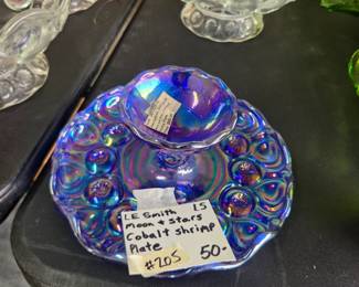 #205	Le Smith Moon and Stars Cobalt Blue Shrimp Plate	 $50.00 