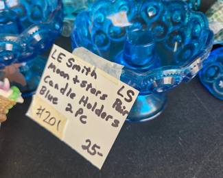 #201	LE Smith Moon and Stars Pair Candle Holders Blue 2pc	 $25.00 