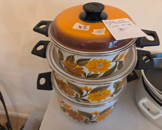 #5	Vintage JMP Capri Enamelware 3 pots w/3 lids	 $30.00 
