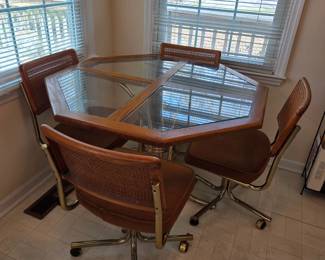 #52	80's Retro Glass Insert Table w/Brass Chair Legs on Wheels - 45x29	 $75.00 