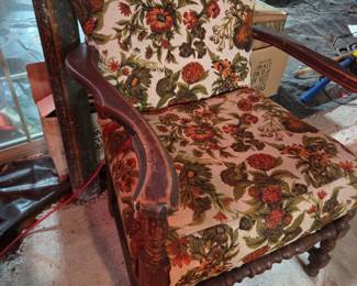 #113	Wood Arm Side Chair w/vintage Fabric	 $20.00 