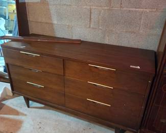 #106	Kent-Coffey Mid-Century 6 Drawer Dresser w/Mirror - 56x19x31  (some drawers need a little repair for sliding easier)  Mirror - 27x44	 $225.00 
