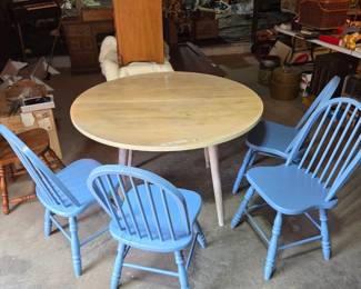 #99	Wood Pickled Look Round Table w/4 Blue painted Wood Chairs (one needs slight repair) - 48x30	 $75.00 