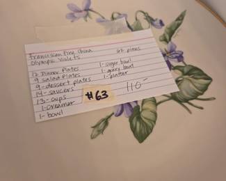 #63	Franciscan Fine China - Olympic Violets - set of 62 mixed Pieces	 $110.00 
