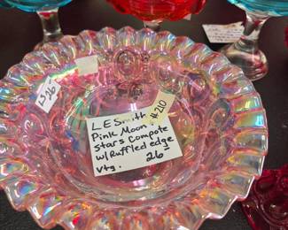 #210	LE Smith Pink Moon and Stars Compote w/ruffled Edge - Vtg. 	 $26.00 