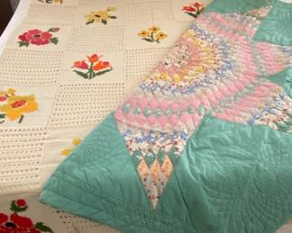 Vintage Handmade Ohio Star Patterned Quilt  Crocheted Bed Covering