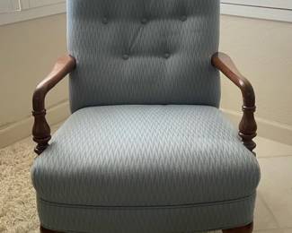 Vintage Queen Anne Style Arm Chair With Blue Chevron Patterned Fabric