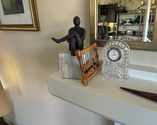 Vintage Crystal Mantel Clock with Decorative Abacus and Abstract Figurine