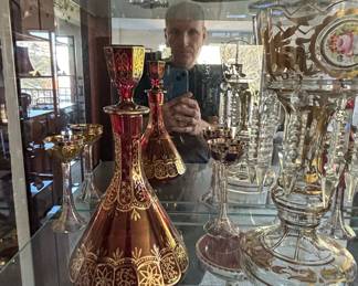 Bohemian Ruby Red Glass Decanter Set with Gilt Decoration