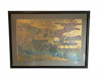Japanese Meiji Period Silk Screen Painting with Cranes and Blossoms