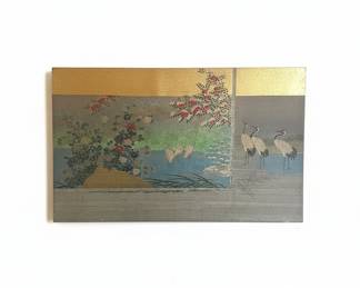 Japanese Meiji Period Silk Screen Painting with Cranes and Blossoms
