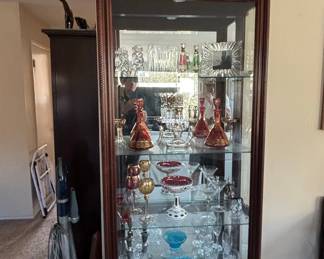 Assorted Vintage Crystal and Glassware Collection in Display Cabinet