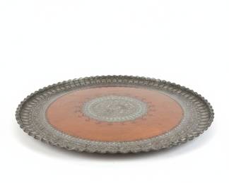 Large Hand-Hammered Copper Tray with Intricate Silver Inlay, Middle Eastern/Persian Style