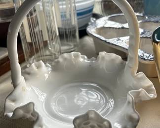 Vintage Fenton Hobnail Milk Glass Basket   