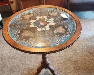 Twist wood side table with needlepoint top