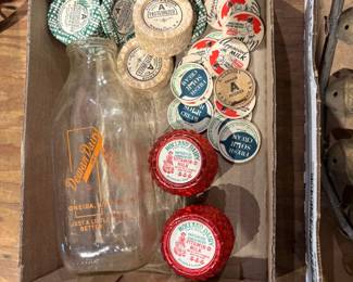 Lot of Dairy Caps and Milk Bottle