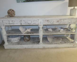 Large shabby chic distressed look table/shelves/TV stand.