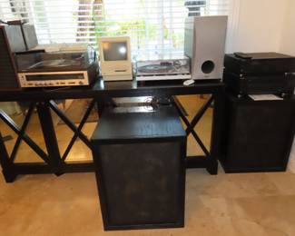 Stereo components, turntables, speakers, Macintosh Computer.