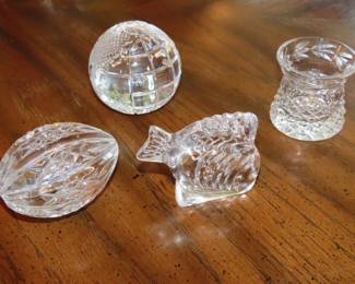 Waterford crystal egg, globe, fish and jar.
