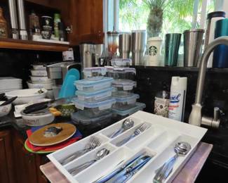 starbucks, cups and travel mugs, Pyrex snap on storage , Corningware casseroles.
