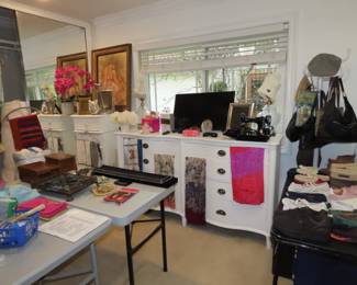 ladies, clothing, purses, hats, sewing machine, chest of drawers, lingerie chest.