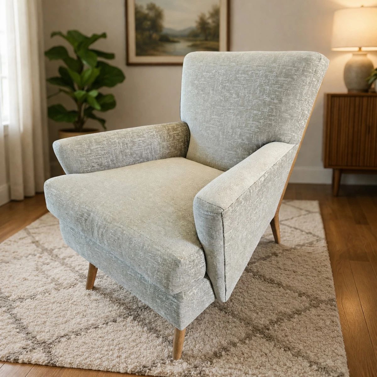 Swaim Designer Lounge Chair – w/ Zimmer + Rohde Gray Textured Fabric & Wood Frame – Showroom Sample