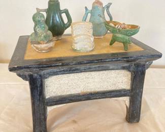 Vintage Chinese Style Pottery Offering Table Set w/ Miniature Vessels & Stand