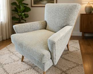 Swaim Designer Lounge Chair – w/ Zimmer + Rohde Gray Textured Fabric & Wood Frame – Showroom Sample