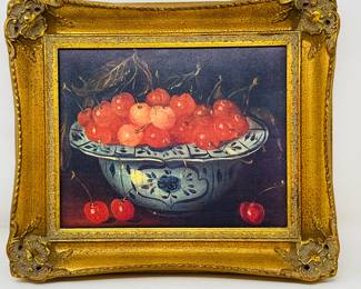 Vintage Still Life of Cherries in Decorative Bowl with Ornate Gold Frame