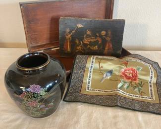 Japanese Glazed Vase with Silk Tapestry and Lacquered Plaque Set