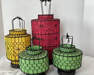 Set of Four Hanging Chinese Lanterns - Wire and Colorful Fabric