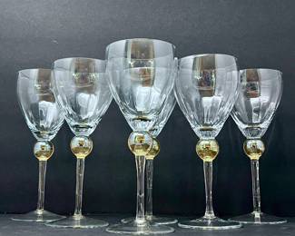 Set of Six Vintage Crystal Dansk "Gold Ball" Wine Glasses-