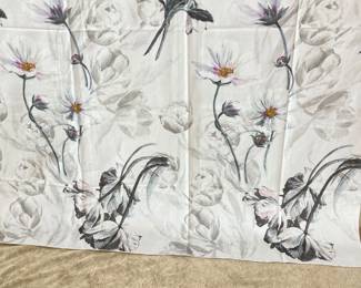 Elegant Floral Printed Sateen Fabric - Soft White Base with Delicate Gray and Purple Flowers