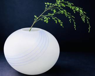 K Lot #25- Large White Round Glass Vase with Subtle Blue Curved Line Accents