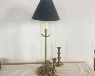 31-Inch Tall Brass Lamp with Black Shade and Matching Brass Candlesticks