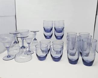 Blue Tint Plastic Floral Drinking Glass Set Margaritas, Tall & Short Tumblers