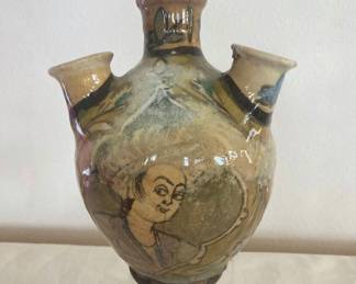 Antique earthenware vase with Three Spouts and Hand-Painted Design