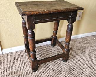 Antique Rustic Wooden Bench Stool w/ Turned Legs & Stretchers