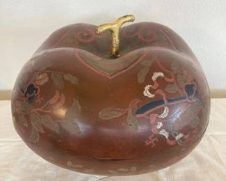 Handcrafted Lacquered Wooden Apple Box with Decorative Floral Motif