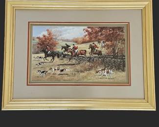 Vintage English Hunt Scene Print w/ Dogs & Riders – Gold Frame, Large Wall Art