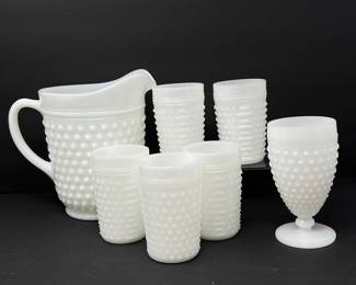 Vintage White Hobnail Milk Glass Pitcher and Tumbler Set