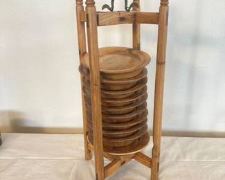 Set of 10 Oriental 7-Inch Wooden Plates with Copper Wire Detail and Bamboo Stand