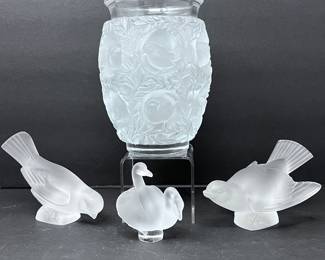 -Lalique "Bagatelle" Frosted Crystal Vase, "Deux Cygnes" Double Swan Figurine, & "Colereux" Sparrow Bird Figurine Set