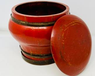Antique Chinese Red Lacquer Rice Bucket – Qing Dynasty Wooden Grain Container