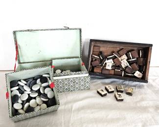 Vintage Go Game Stones Set w Case + Mahjong Tile Set Wood Box Asian Games Lot